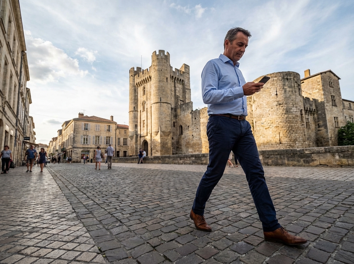 Homme marchant dans les rues de Niort avec smartphone