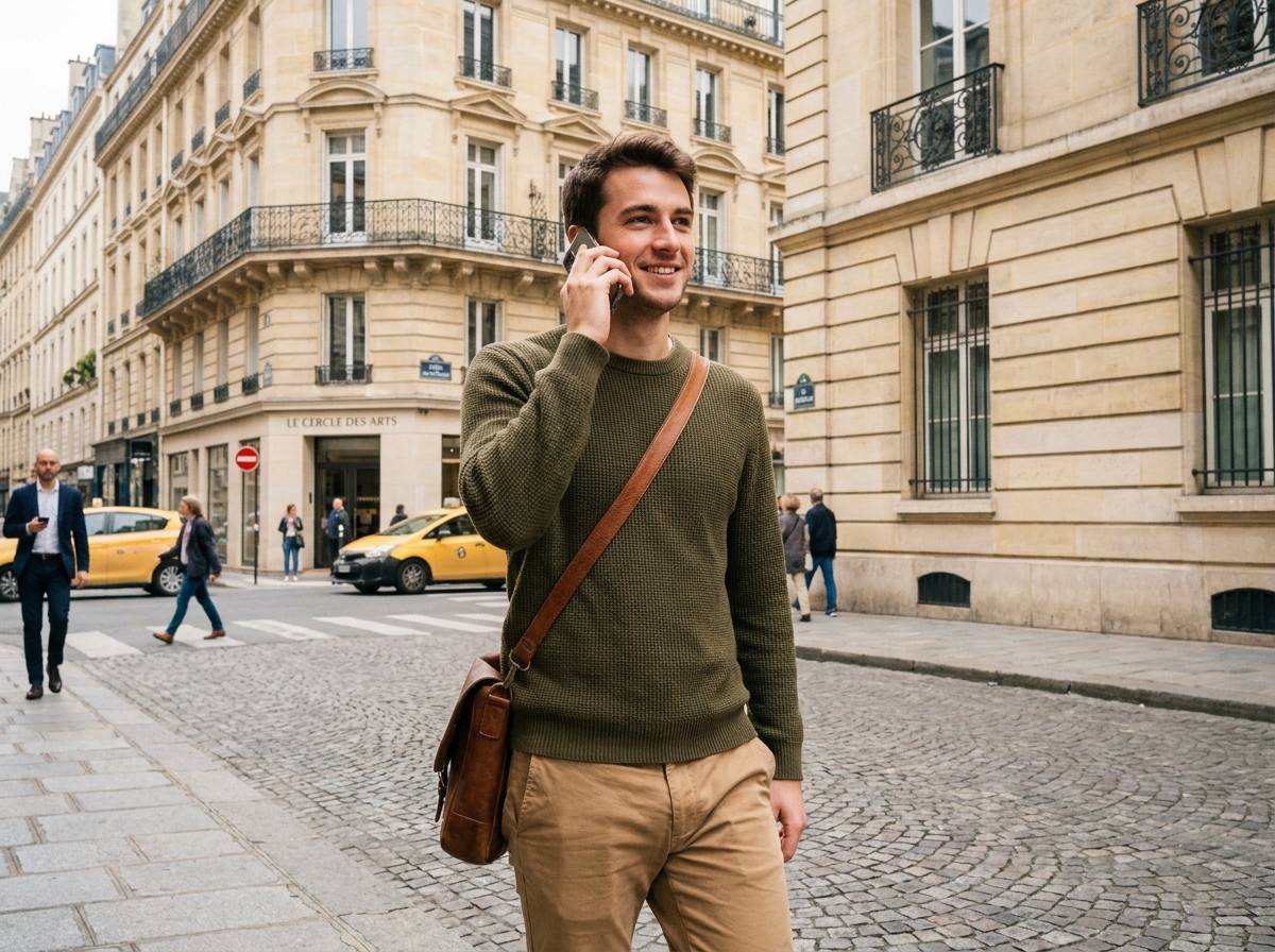 Jeune homme marche dans la rue parisienne parlant au téléphone