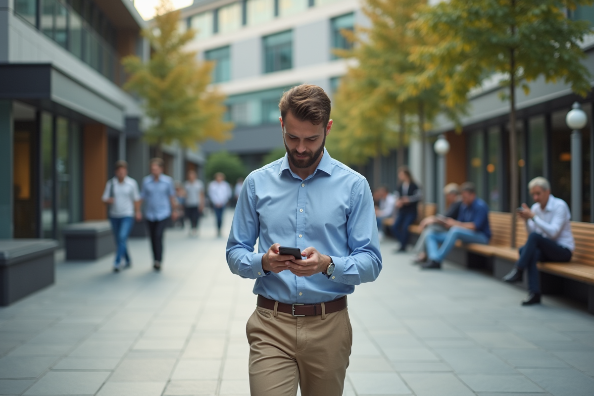 Jeune homme marchant dans une place urbaine avec son smartphone