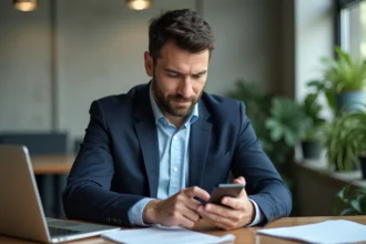 Homme d'âge moyen utilisant son smartphone pour accéder à une banque