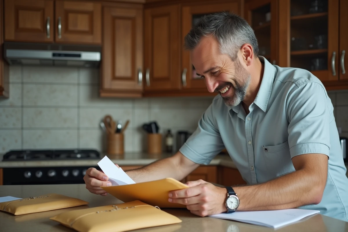 Homme français triant des échantillons dans une cuisine chaleureuse