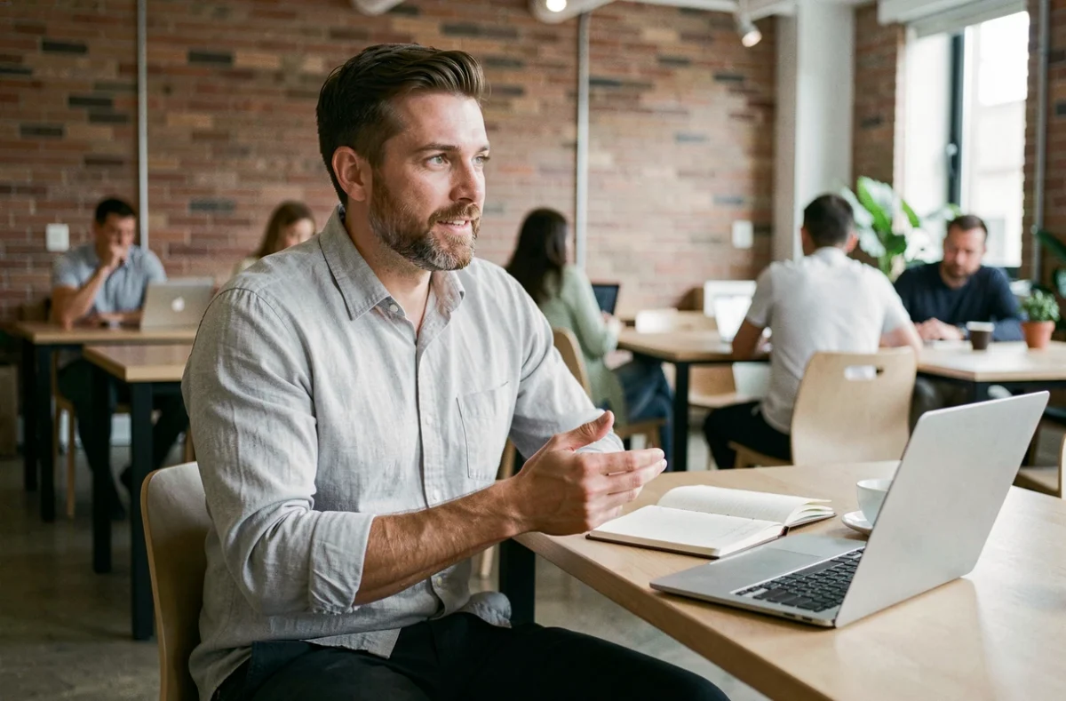 Homme en portage salarial travaillant en espace de coworking, gérant ses missions à temps partiel depuis un ordinateur portable