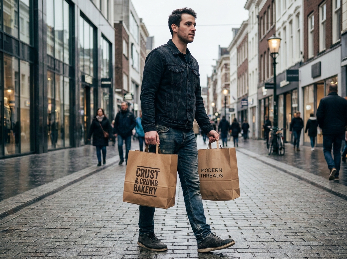 Jeune homme portant des sacs papier personnalisés de différentes enseignes dans une rue commerçante urbaine