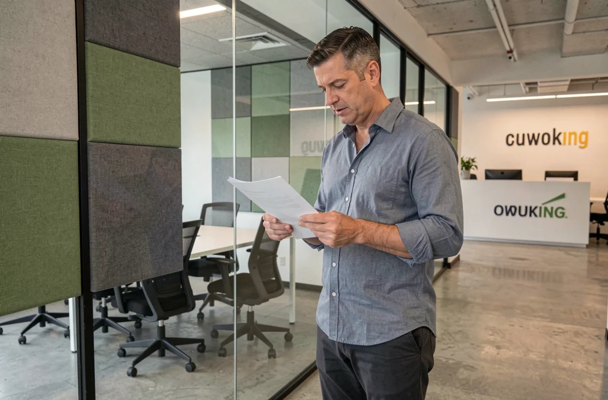 Homme d'affaires consultant des documents devant une salle de réunion vitrée dans un espace de coworking professionnel