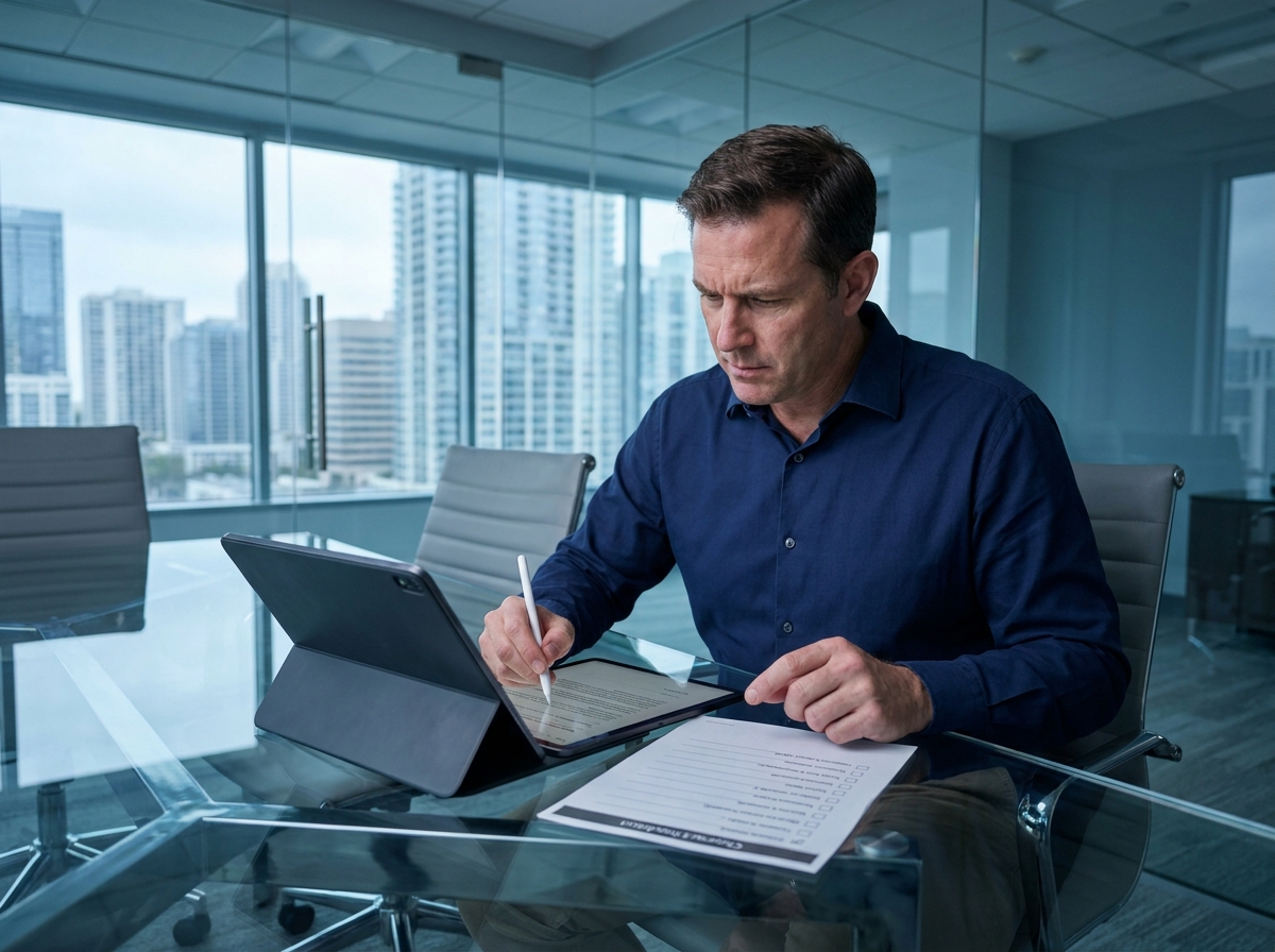 Homme d'affaires signant un contrat numérique sur tablette avec une liste de vérification en salle de réunion professionnelle
