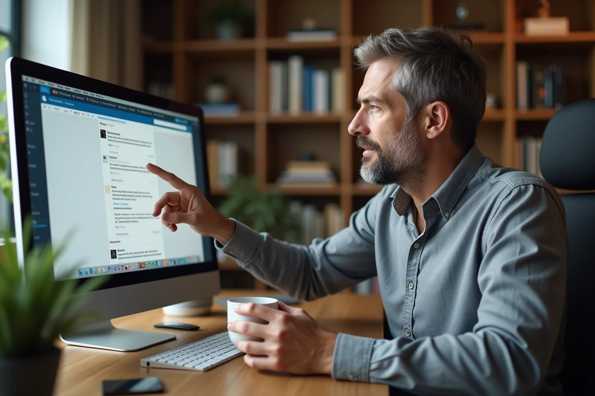Homme en télétravail analysant un post LinkedIn sur un écran d'ordinateur de bureau dans un bureau à domicile