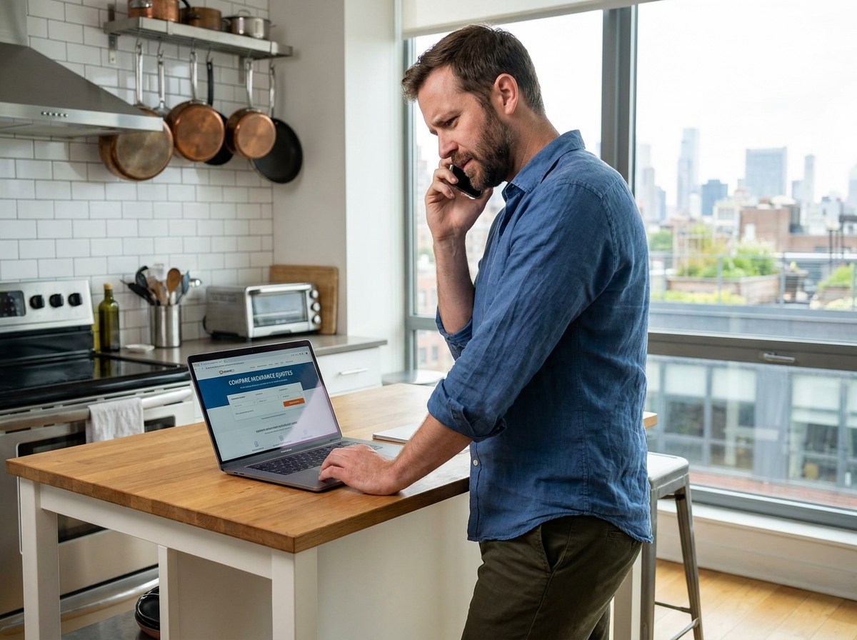 Homme en télétravail dans sa cuisine aménagée en espace de travail consultant une assurance professionnelle sur ordinateur