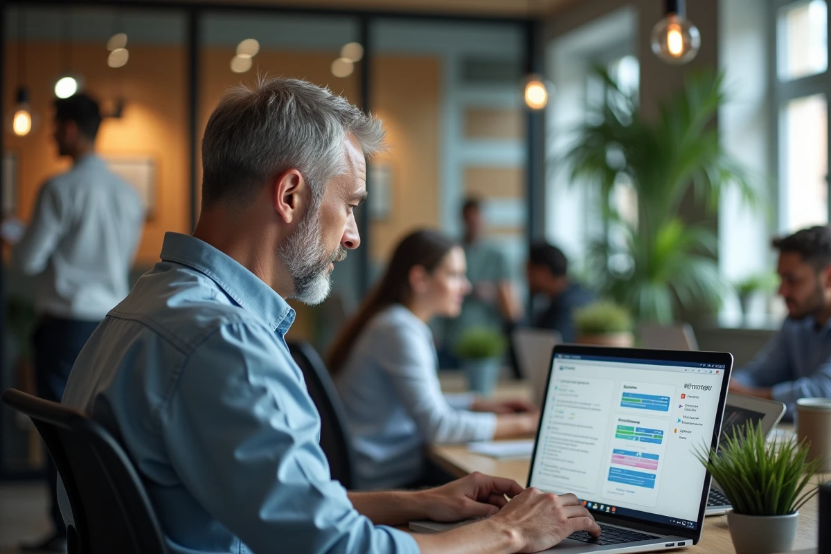 Homme réfléchissant devant un ordinateur dans un espace partagé