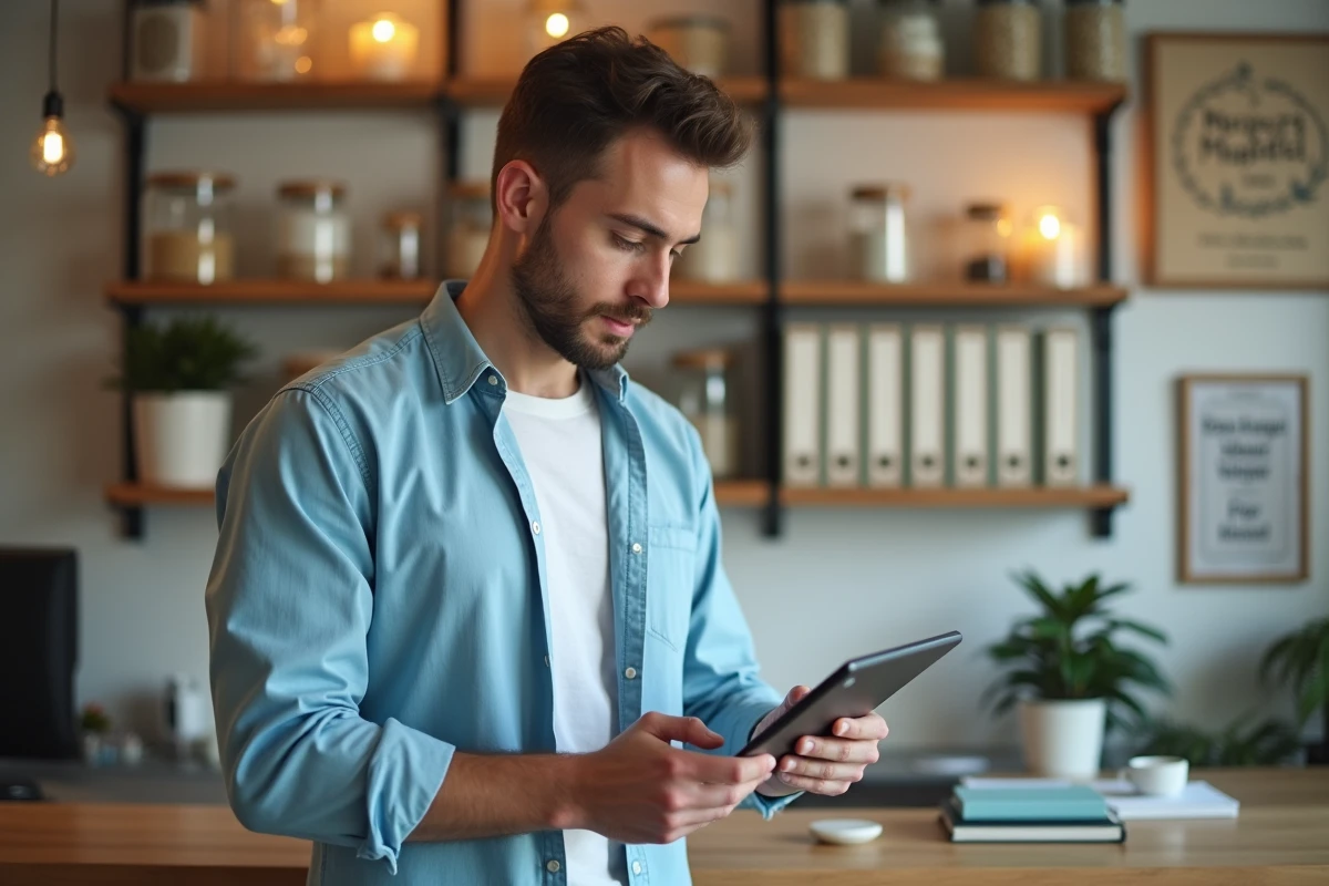 Homme en tenue décontractée utilisant une tablette dans un espace de travail