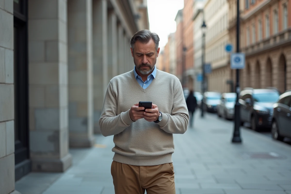 Homme dans la rue regardant son smartphone