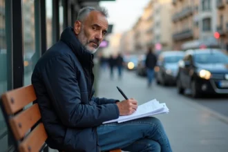 Homme nord-africain au bus stop en train de remplir des documents