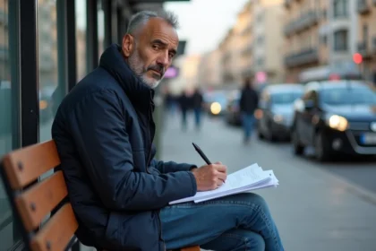 Homme nord-africain au bus stop en train de remplir des documents