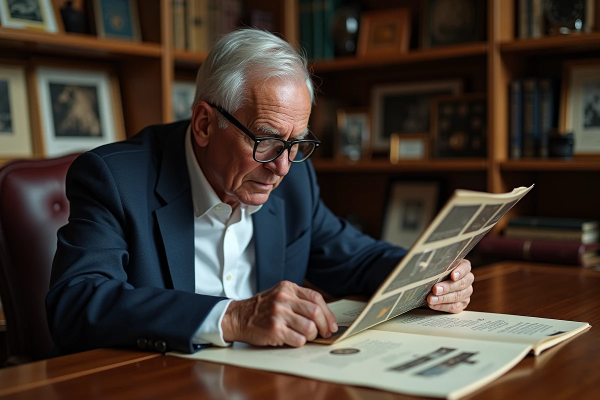 Homme âgé examine une brochure Omega avec loupe dans un bureau ancien