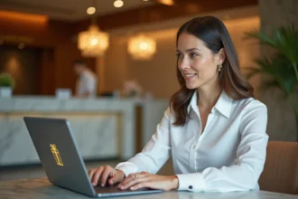 Hôtelière consultant l'interface partenaire Smartbox sur son ordinateur portable à la réception d'un hôtel moderne