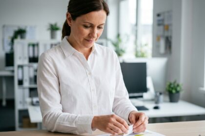 Femme professionnelle imprimant des étiquettes couleur à la demande dans un bureau moderne et organisé