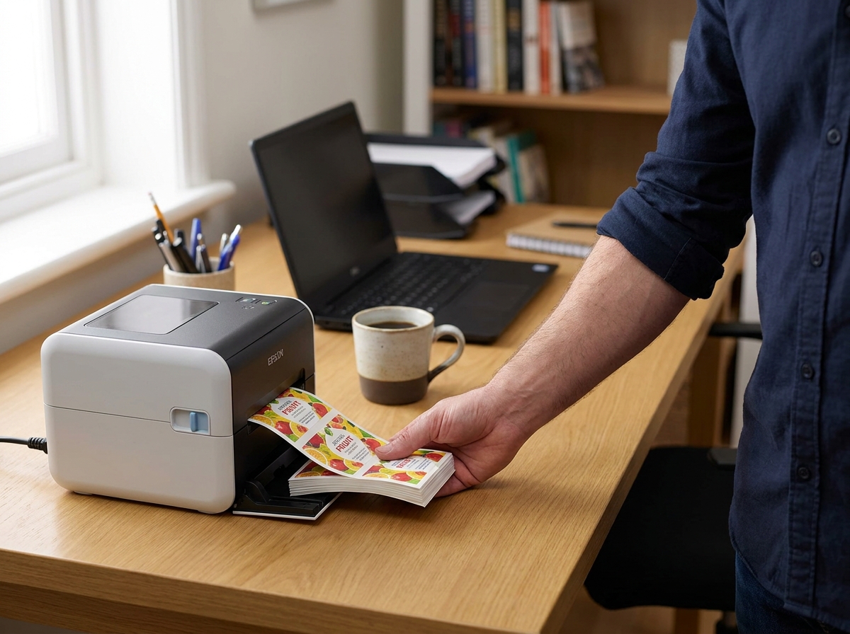 Imprimante d'étiquettes couleur compacte sur un bureau de home office avec des étiquettes fraîchement imprimées