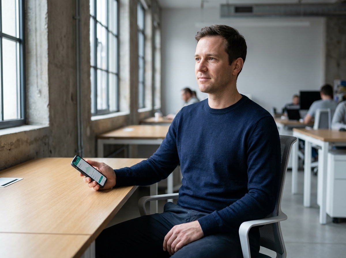 Travailleur indépendant consultant une application de suivi des paiements sur smartphone dans un espace de coworking moderne