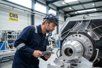Ingénieur en combinaison inspectant une machine de précision