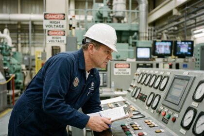 Ingénieur nu en combinaison inspectant une centrale nucléaire