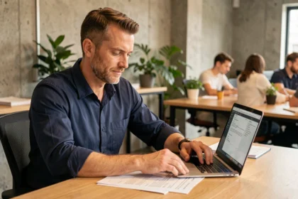 Ingénieur informatique consultant ses documents de portage salarial dans un espace de coworking moderne