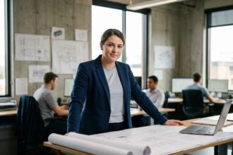 Jeune ingénieure en alternance dans un bureau technique moderne, consultant des schémas d'ingénierie sur un bureau debout