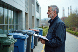 Inspecteur environnement observant des bacs de recyclage