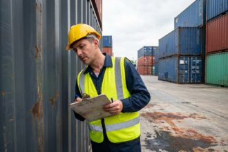 Professionnel de la logistique inspectant un container maritime d'occasion dans un dépôt portuaire industriel