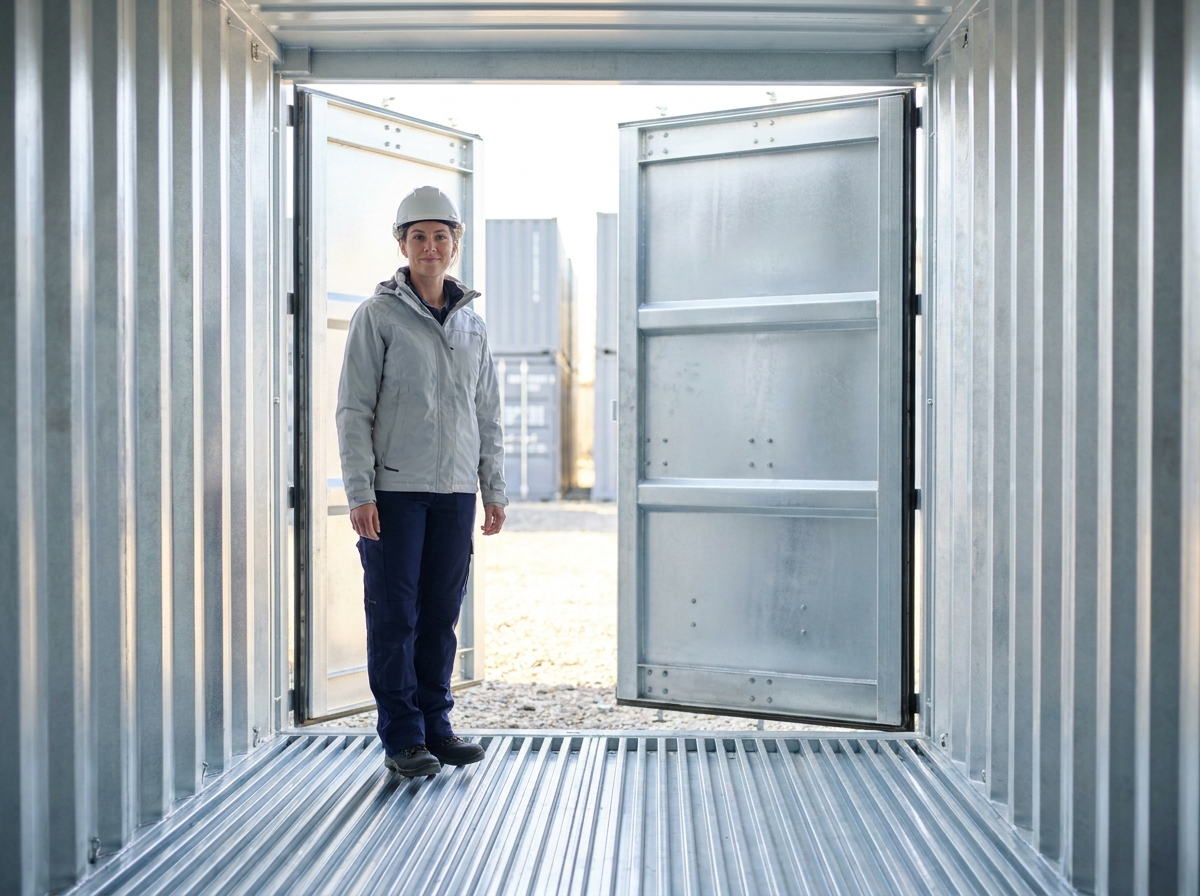 Femme évaluant l'intérieur neuf d'un container maritime lors d'un achat professionnel