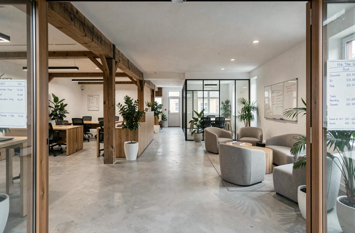 Vue intérieure grand angle d'un espace de coworking à Strasbourg montrant différentes zones de travail et un tableau des tarifs à l'entrée