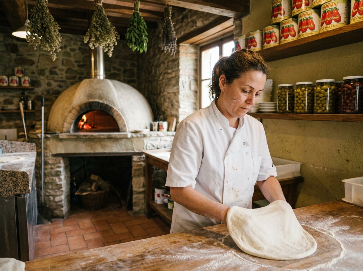 Pizzaiola étirant une pâte à pizza dans une pizzeria artisanale avec four à bois et murs en pierre apparente