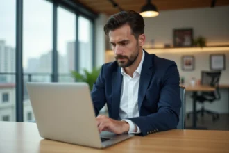 Investisseur masculin consultant la plateforme Pappers sur un ordinateur portable dans un bureau moderne en 2026