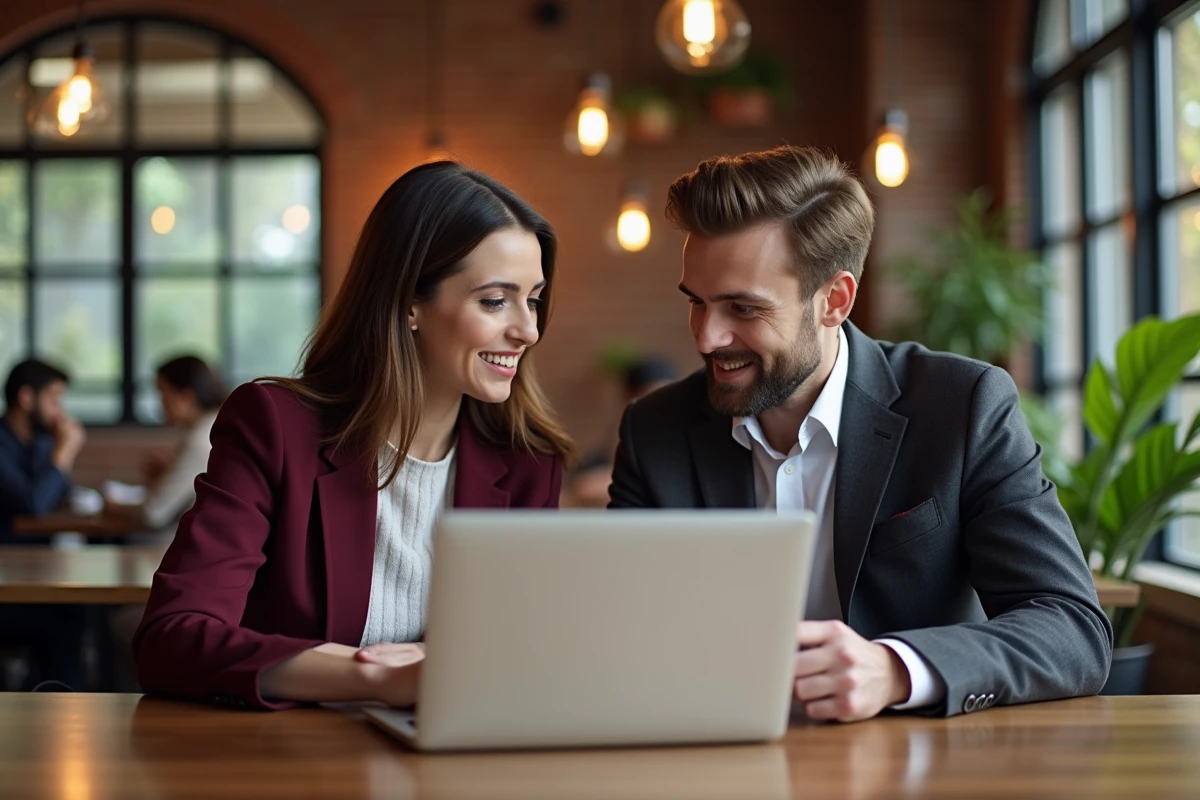 Deux investisseurs consultant ensemble un registre d'entreprises sur ordinateur dans un espace de coworking