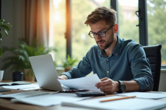 Jeune entrepreneur travaillant sur un bureau moderne avec documents et ordinateur