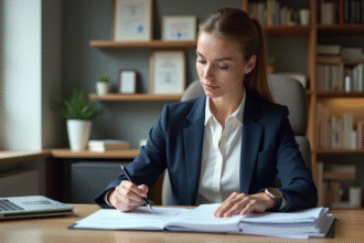 Femme professionnelle lisant des documents juridiques dans un bureau