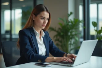 Jeune femme en bureau travaillant sur son ordinateur