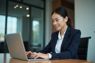 Jeune femme d'affaires au bureau utilisant un ordinateur