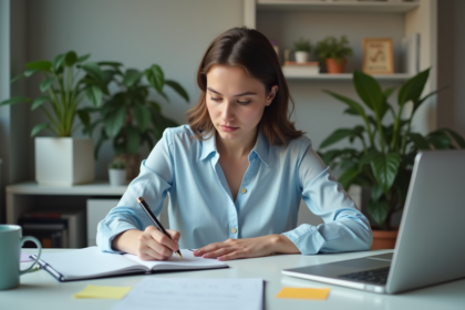 Jeune femme professionnelle écrivant dans un bureau moderne