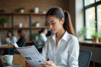 Jeune femme entrepreneur lisant un magazine business dans un espace de coworking moderne