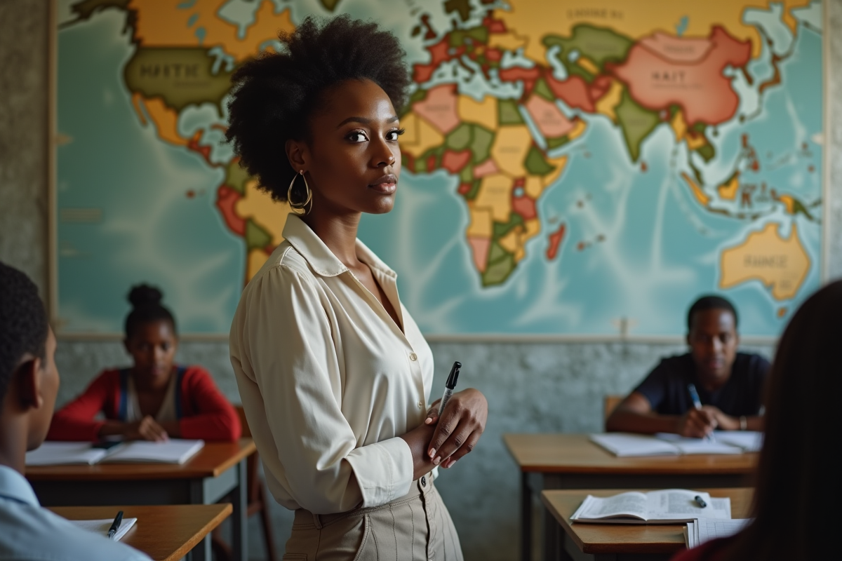 Jeune femme haitienne discute devant une carte de Haiti et France