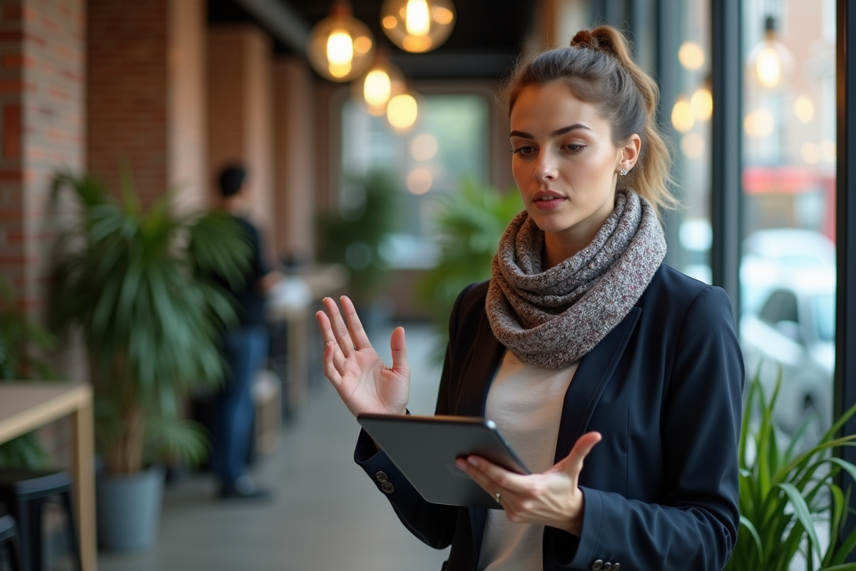 Jeune femme tenant une tablette avec un accord de licence