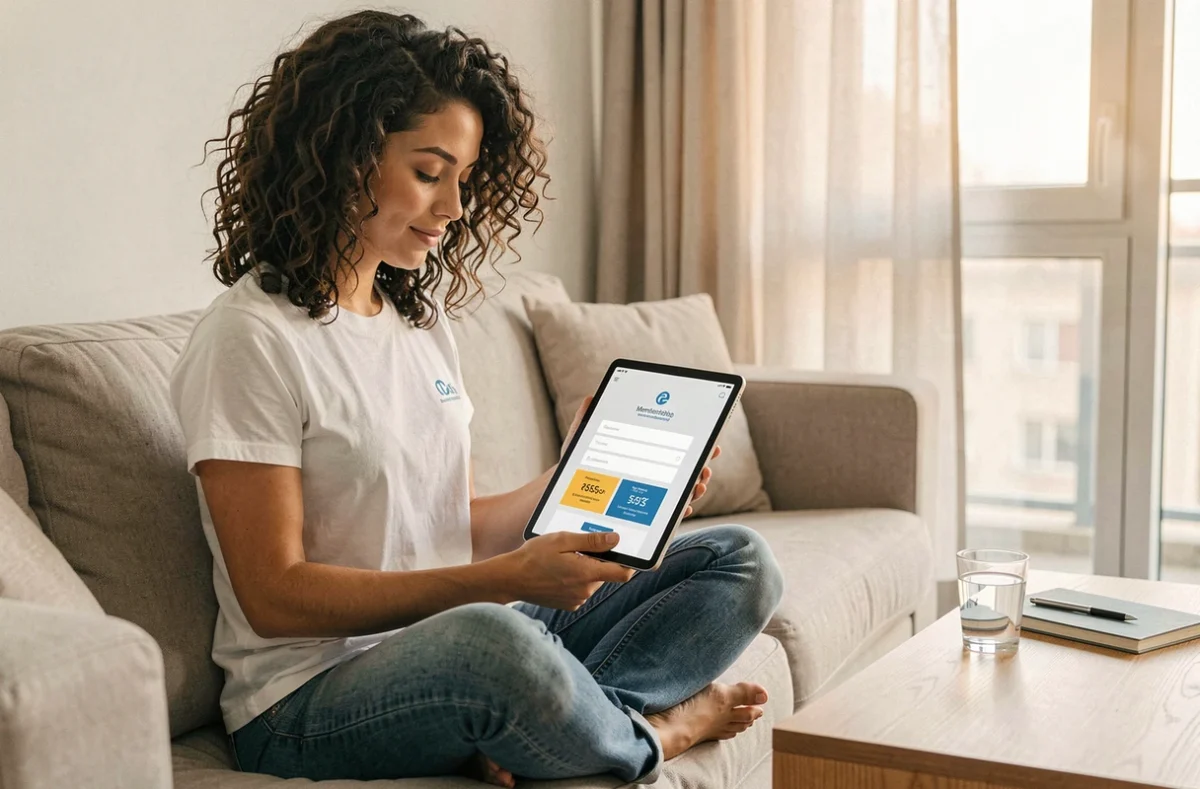 Jeune femme consultant une page de vente de membership sur tablette depuis son salon, illustrant la simplicité du lancement en ligne