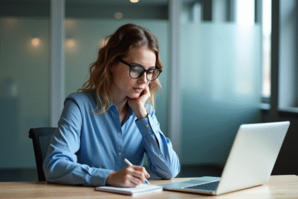 Jeune femme québécoise en bureau moderne avec ordinateur