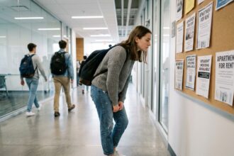 Jeune femme examine des annonces immobilières dans un couloir universitaire