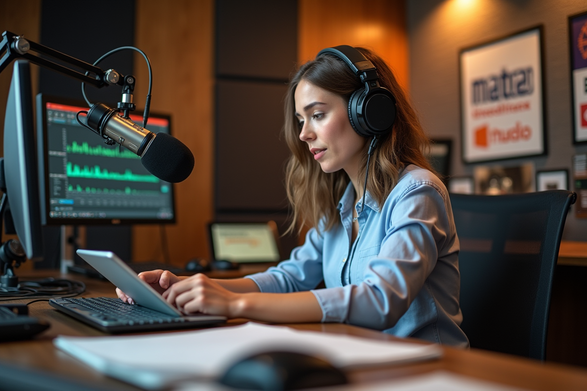 Jeune femme analysant tarifs publicitaires en studio radio
