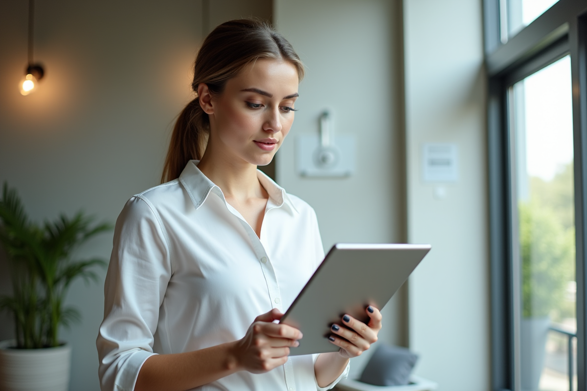 Jeune femme utilisant une tablette dans un espace de coworking lumineux