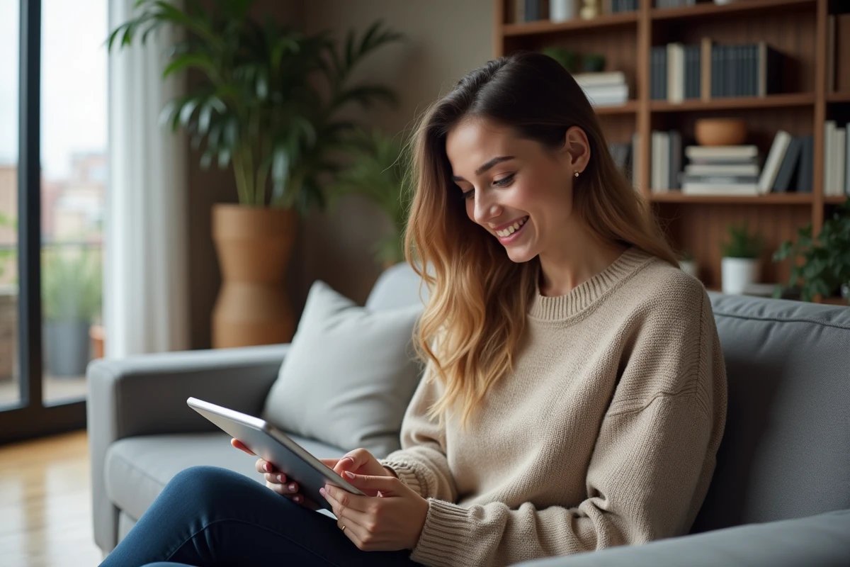 Jeune femme souriante utilisant une tablette pour ses finances