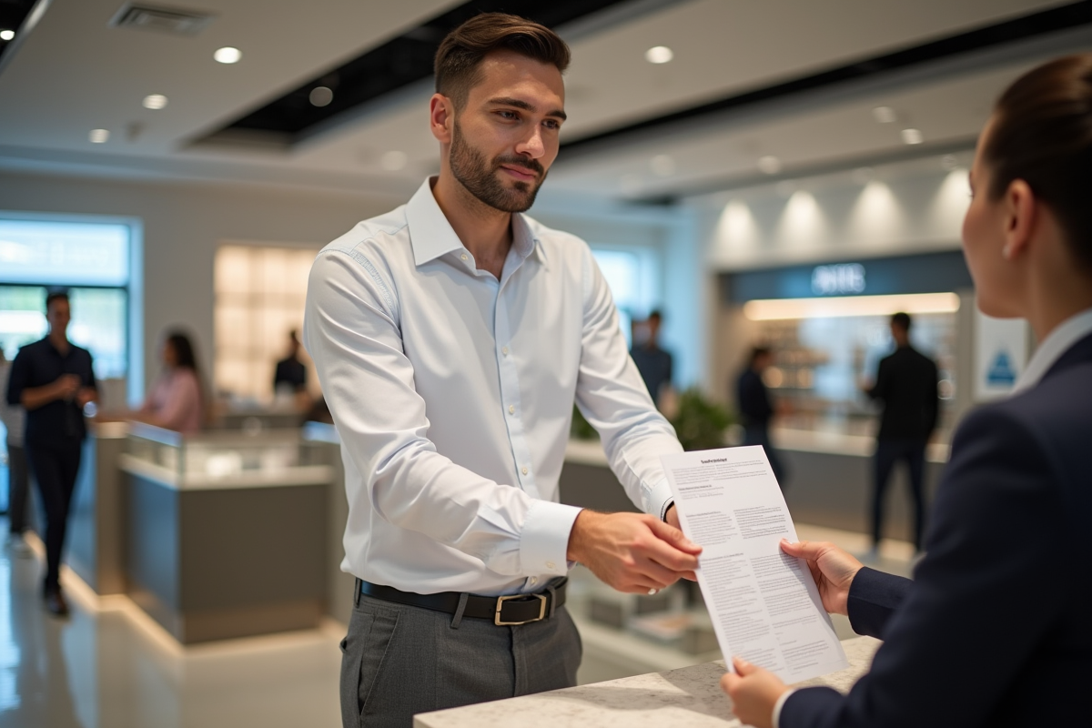 Jeune homme remettant brochure dans magasin