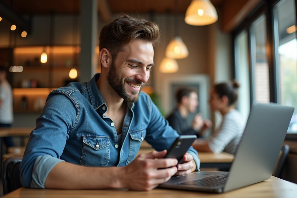 Jeune homme détendu utilisant son téléphone dans un café