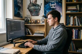 Jeune homme concentré travaillant sur un logiciel de jeu vidéo