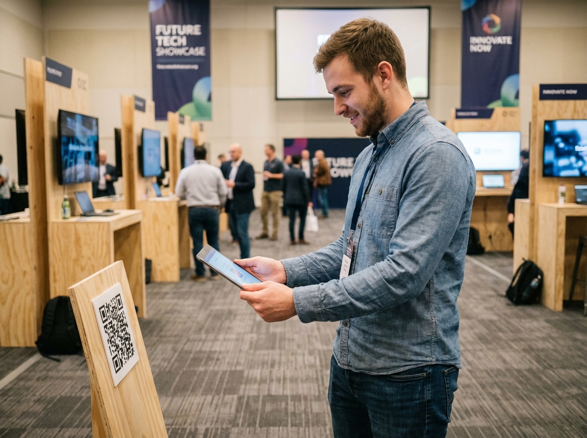 Jeune homme utilisant une tablette pour scanner un QR code à un salon